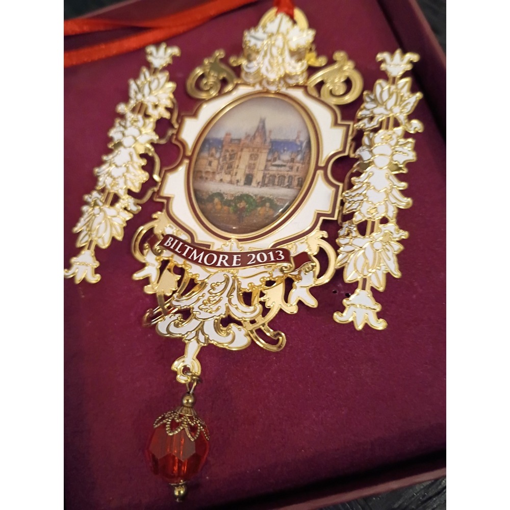 Biltmore House 2013 Limited Edition Christmas Ornament Gold Tone Enamel Red Bead